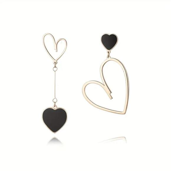 NEW Black & Gold Asymmetrical Heart Earrings Trendy Dangle Chain Jewelry - Picture 1 of 4